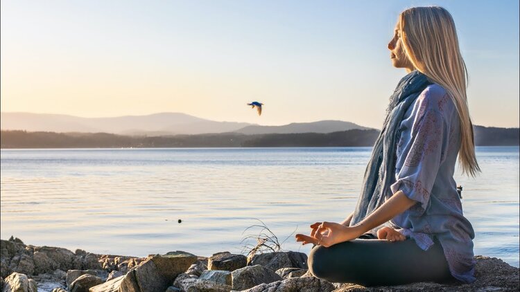 The profile of someone sitting in a meditation pose with a body of water, distant mountains, and a flying bird in the background