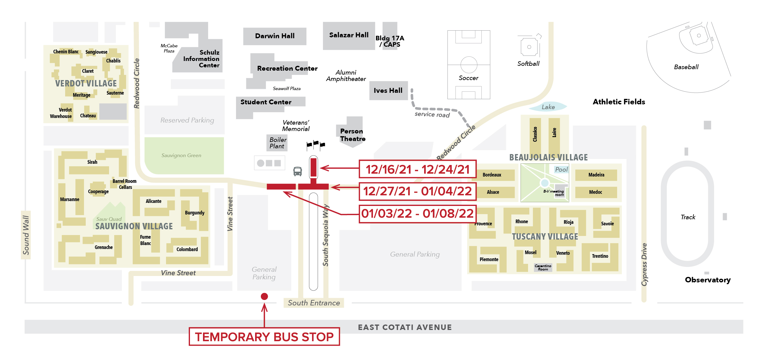 A campus map demonstrating the locations of where electrical conduit installation will occur