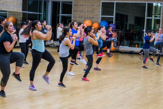 Recreation Center Fitness Class A group of people participating in a fitness class at the SSU Recreation Center