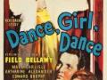 The film poster for 'Dance, Girl, Dance' featuring a vintage illustration of people watching a woman dance with red curtains surrounding her