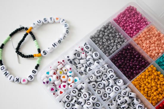 View of beads and string for jewelry-making