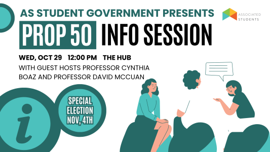 Event flyer for the Associated Students Prop 50 Info Session