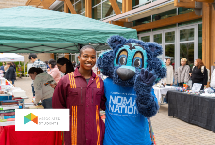 Lobo and a student posing at an Associated Students event in the SSU Seawolf Plaza