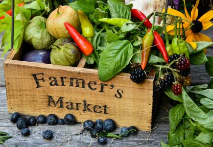 Farmer's market box overflowing with colorful produce 