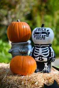 Halloween decorations featuring pumpkins, skeleton, and a hay bail