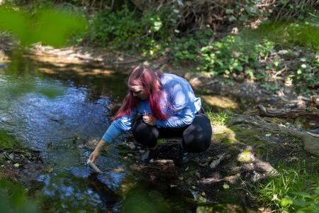Student wades in Copeland Creek to test water