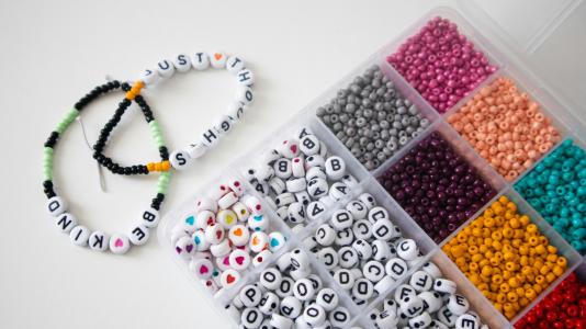 View of beads and string for jewelry-making