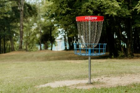 Disc golf goal on a lawn