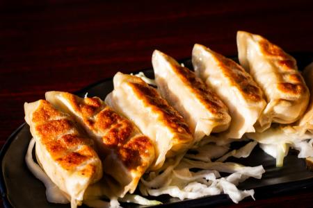 A plate of potstickers