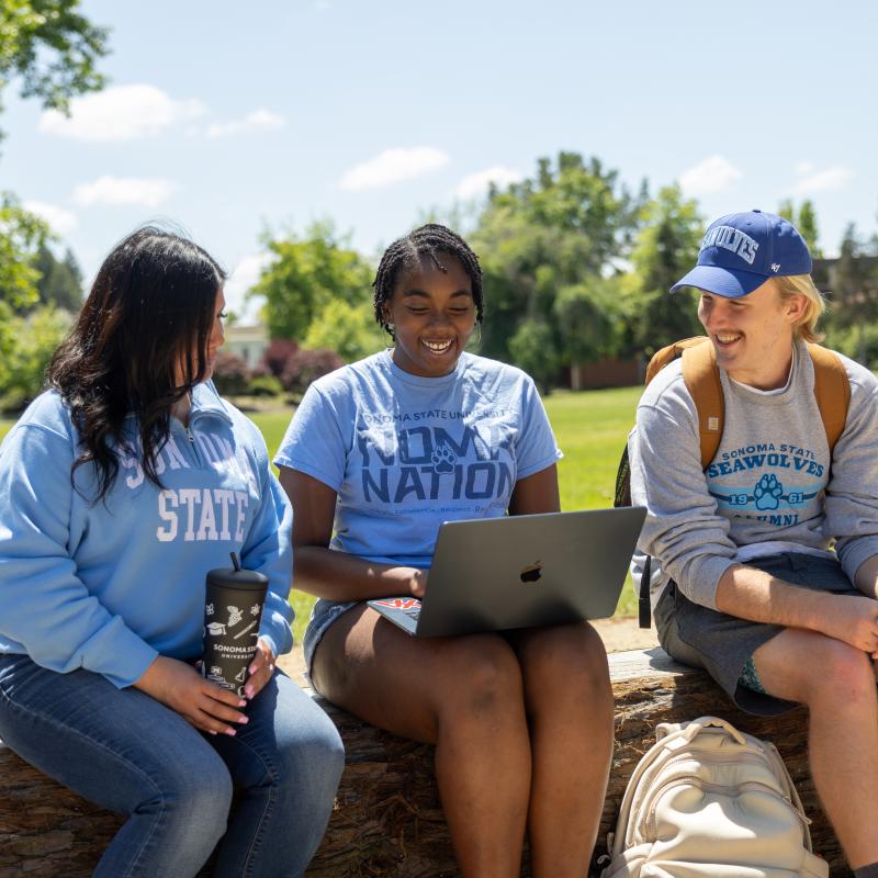 Three students sitting and looking at a laptop
