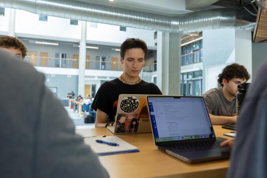 Four students sitting studying and looking at their laptops