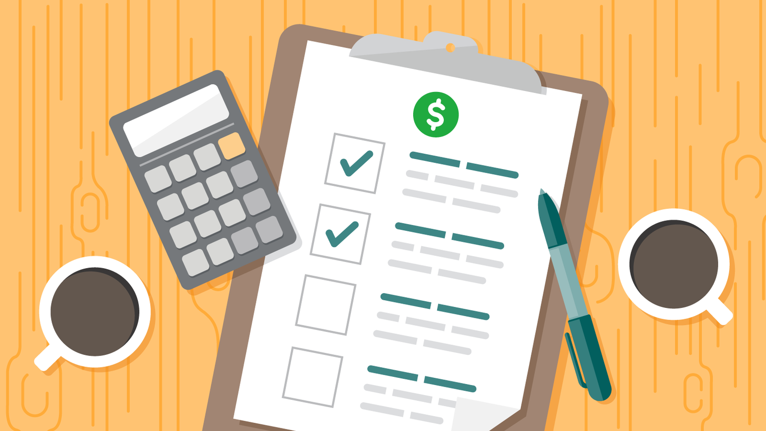 A graphic illustration of mugs of coffee, a pen, a calculator, and a financial planning sheet clipped to a clipboard