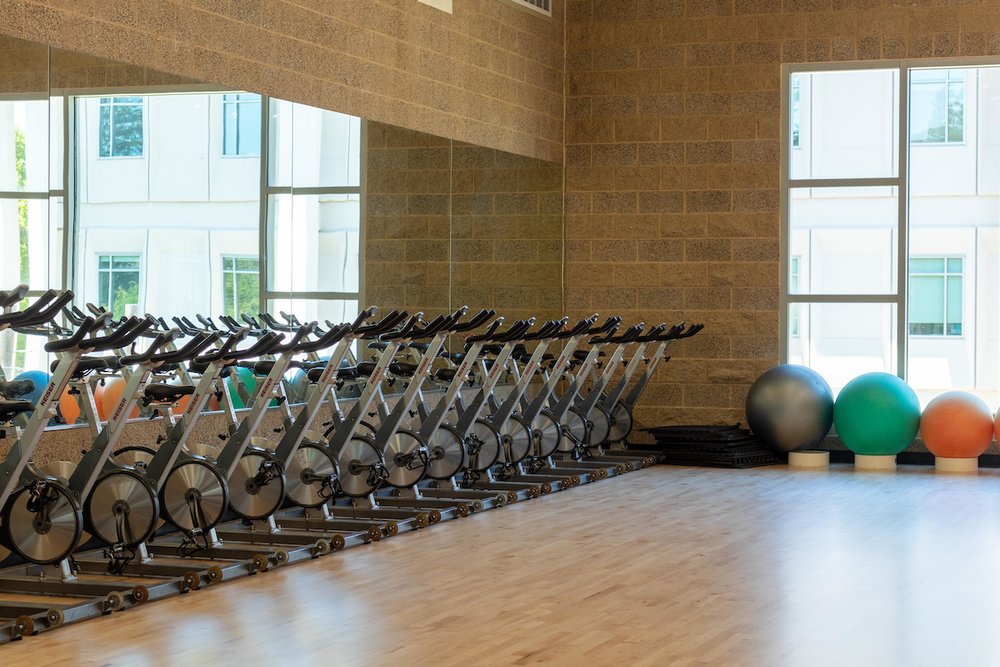 A row of stationary cycles inside the Campus Recreation building