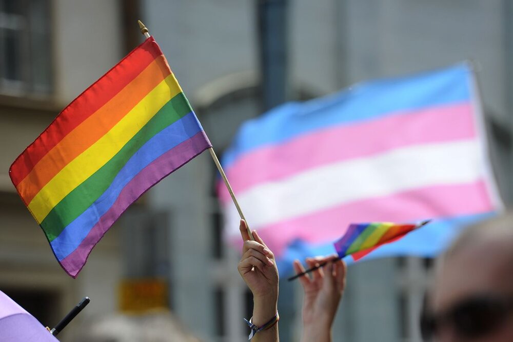 Hands holding up the rainbow LGBTQIA Pride flag as well as the pink, blue, and white Trans Pride flag