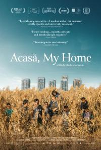 The 'Acasā, My Home' film poster featuring people in standing tall dry grass in the foreground with a city in the background