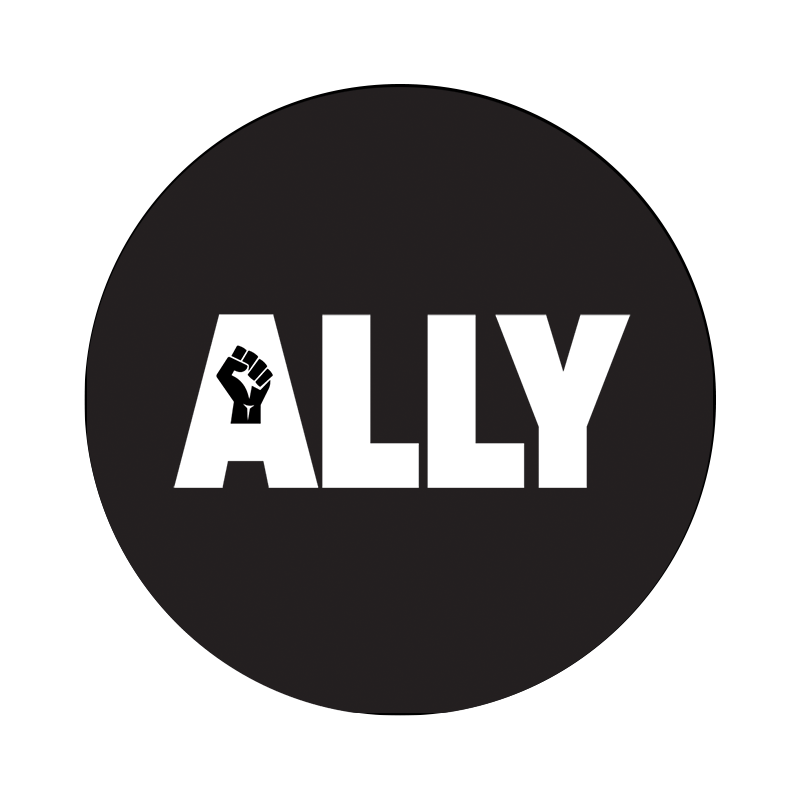 A graphic of a black circle with the word 'Ally' in it as well as a raised fist