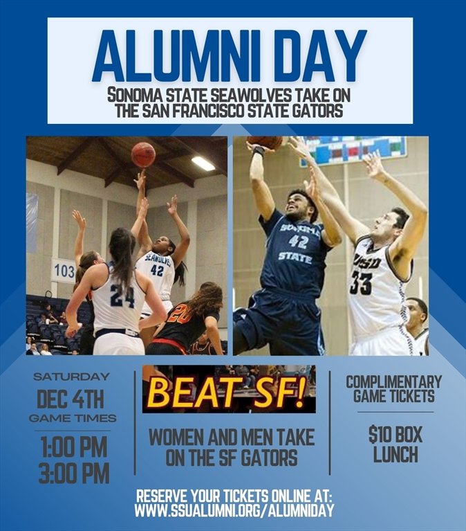 Flyer graphic for Alumni Day featuring event information and action photographs of people playing basketball