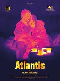 The 'Atlantis' film poster featuring a thermal image of two people embracing on another on a bed with coffee mugs on a surface in front of them