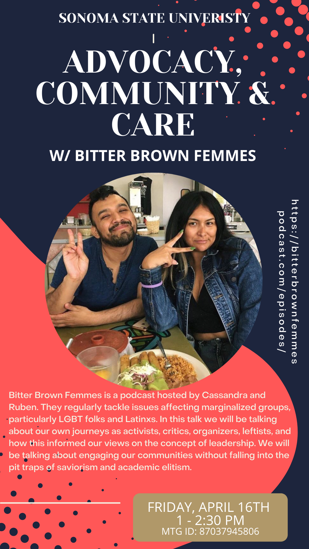 The event flyer for 'Advocacy, Community & Care' episode of the Bitter Brown Femmes podcast featuring an image of the podcast hosts posing together