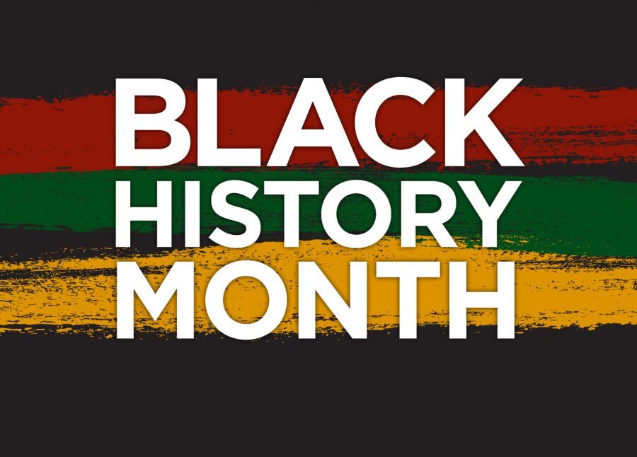 The words 'Black History Month' in white and in front of a black, red, green, and yellow graphic background