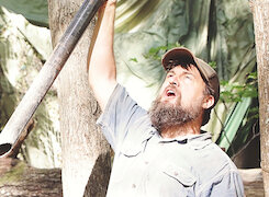 Bob Martin as Ezell with frack pipe in Clear Creek Creatives 'Ezell Ballad of a Land Man'