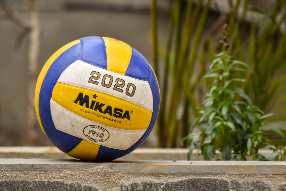 A purple and yellow Mikasa volleyball 