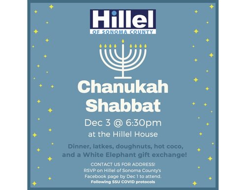 The flyer for the Chanukah Shabbat event on Dec. 3 at 6:30pm at the Hillel House featuring fall colors and leaves