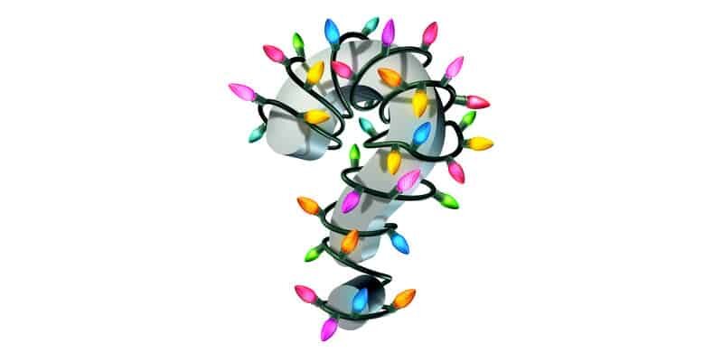 Graphic of a grey question mark wrapped in colorful holiday lights