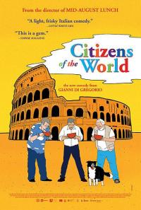 The 'Citizens of the World' film poster featuring a graphic illustration of three people and a dog drinking out of bowls in front of the Roman Colosseum