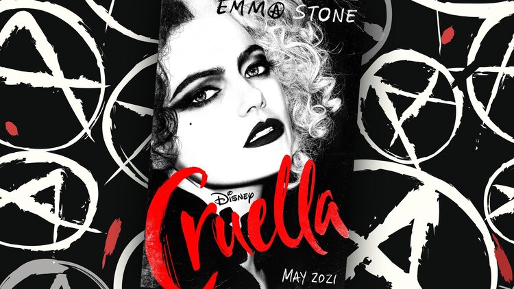 The film poster for 'Cruella' featuring a black, white, and red illustration of Emma Stone as Cruella