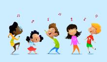 A graphic illustration of characters dancing 