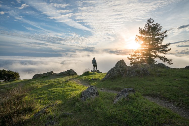 a person hiking on top of a grassy hill