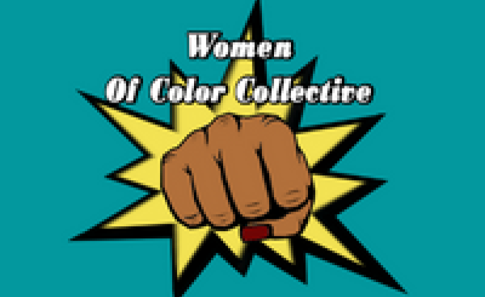 An illustrated punching fist with the words 'Women of Color Collective'