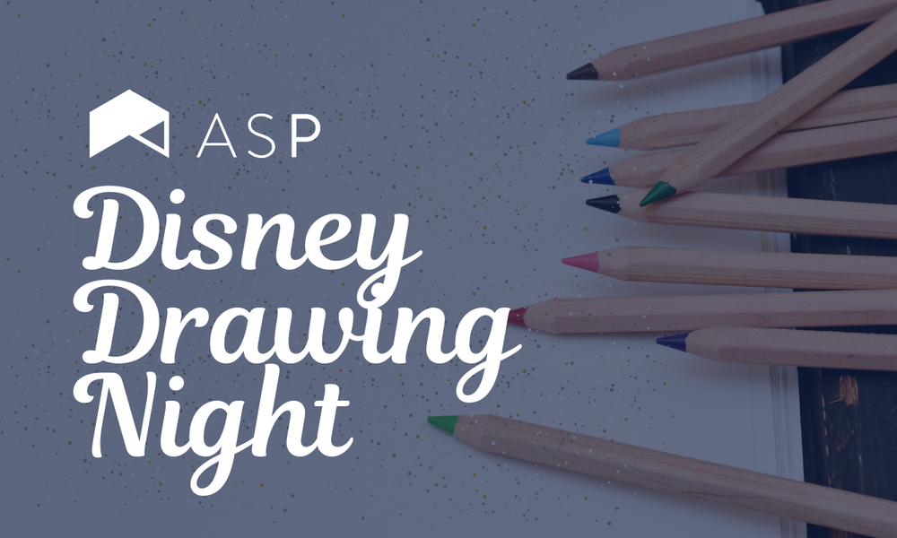 ASP 'Disney Drawing Night' graphic featuring colored pencils