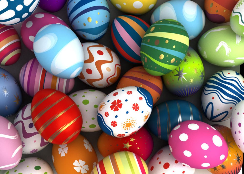 A variety of different colored/patterned Easter eggs