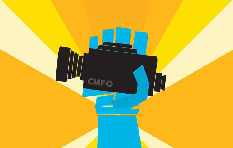 Graphic of a blue hand holding a black video camera with a radiating orange pattern in the background