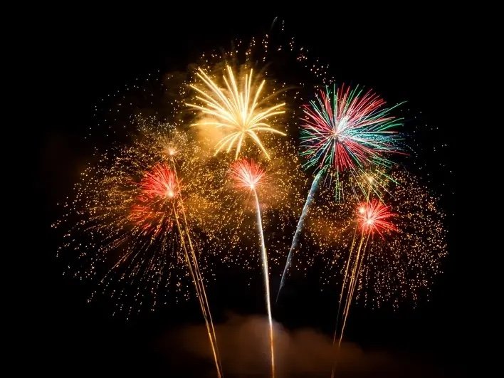 Colorful fireworks exploding in front of a dark sky 