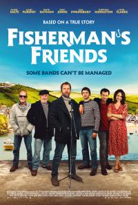 The film poster for 'Fisherman's Friends' featuring a line of 6 people posing in front of an outdoor landscape