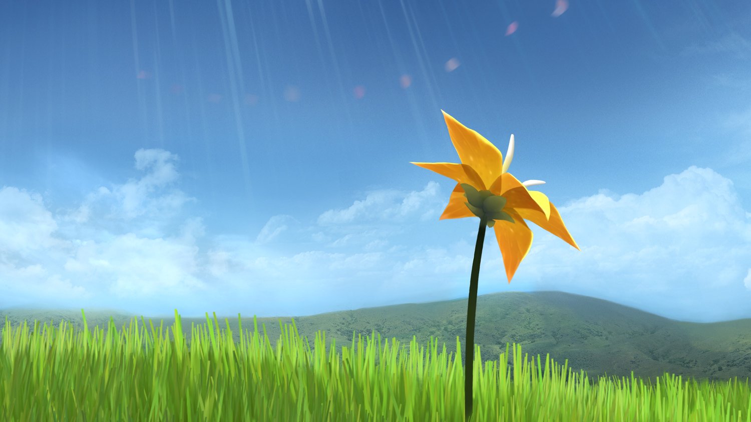 A digital rendering of a yellow flower in a grassy field with hills and clouds in the background