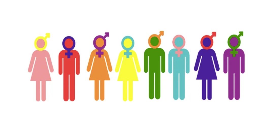 Multiple rainbow colored figures and gender symbols