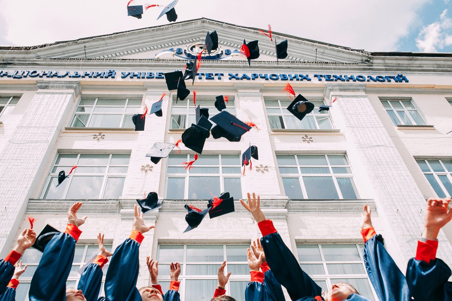 Students throwing their grad caps in the air during graduation 