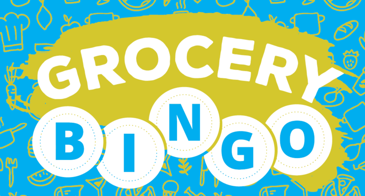 A green and blue graphic with the words 'Grocery BINGO'