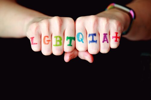 Someone with 'LGBTQIA+' written in rainbow colors on their knuckles