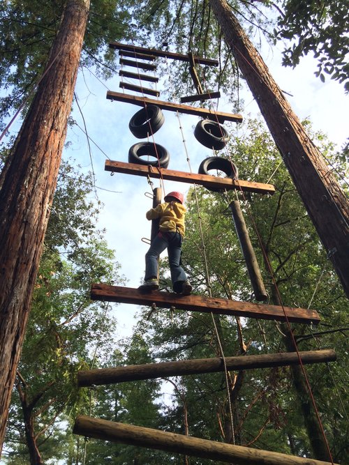 A person completing a ropes course 