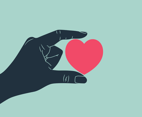 Illustration of a hand holding a heart between thumb and index finger