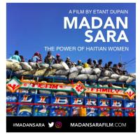 The film poster for 'Madan Sara' featuring people sitting on top of a large pile of colorful bags