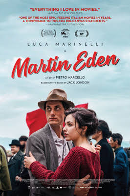 The 'Martin Eden' film poster featuring two people holding one another in front of a red flag and group of people in an outdoor setting