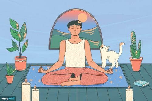 Illustration of person meditating surrounded by candles, plants, and a cat