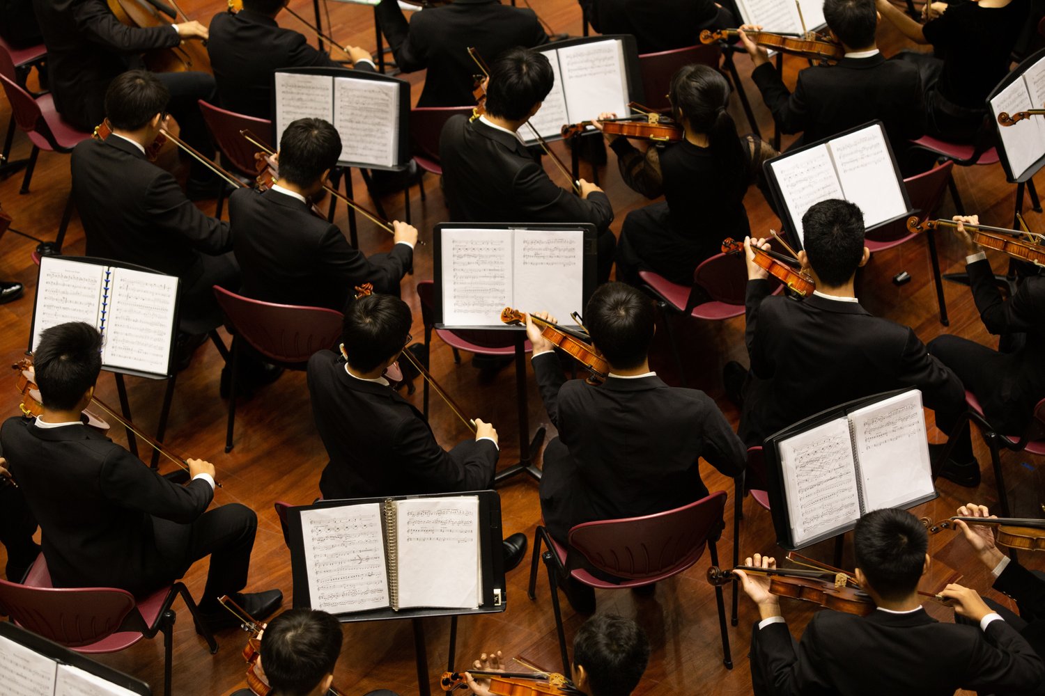 an overhead back view of an orchestra playing their instruments while sitting behind their sheet music