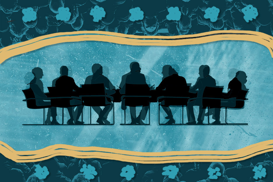 A graphic illustration of the silhouette of a panel of people sitting in chairs around a conference table